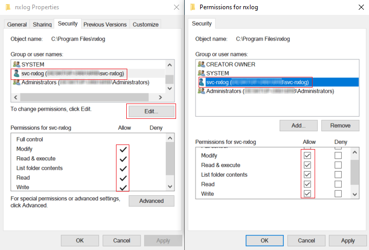 nxlog Folder Security Properties